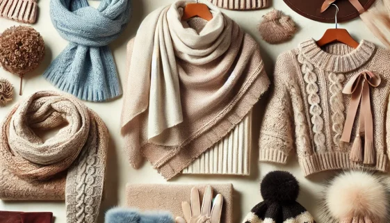 DALL·E 2024-10-28 22.30.09 - A stylish winter fashion scene featuring cozy winter accessories, including a soft light blue ruched scarf, a tassel accent knit scarf in cream and pi