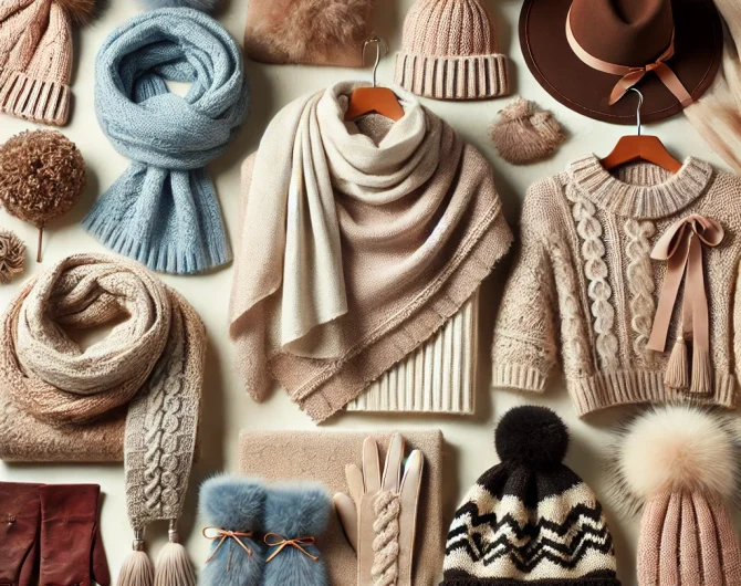 DALL·E 2024-10-28 22.30.09 - A stylish winter fashion scene featuring cozy winter accessories, including a soft light blue ruched scarf, a tassel accent knit scarf in cream and pi